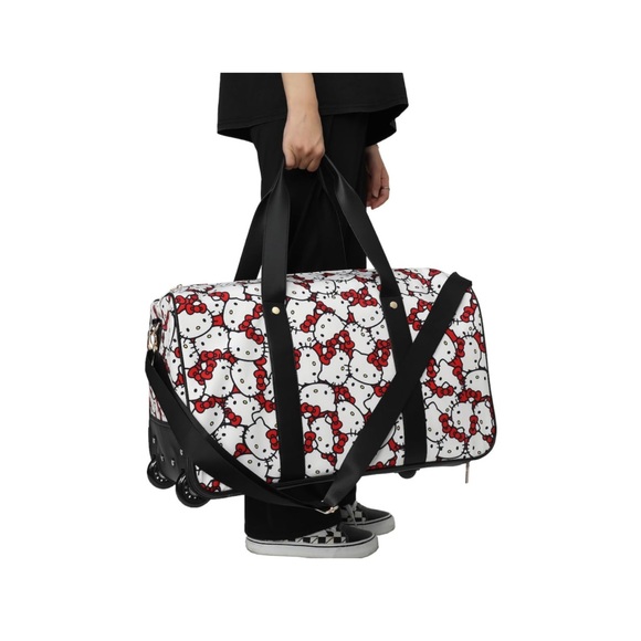Hello Kitty Black Faux Leather Rolling Carry On Weekender/ Duffel Bag Wheels - Picture 10 of 10